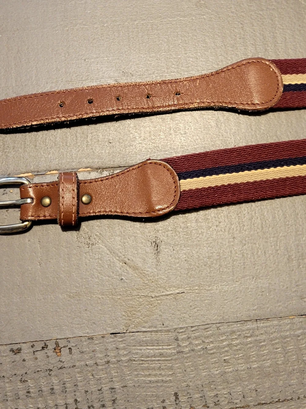 Men's Woven Stripe Casual Belt in Burgandy, Navy and Cream &Leather Trim